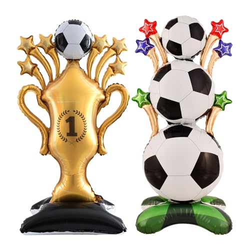 2 Piece 62 Inch Self Standing Soccer Balloons Champion Trophy Balloons, Giant Soccer Trophy Mylar Balloon, for Soccer Event Birthday, Game Day, Sports Competition Theme Decorations by YiYou - Used condition - US$8.38