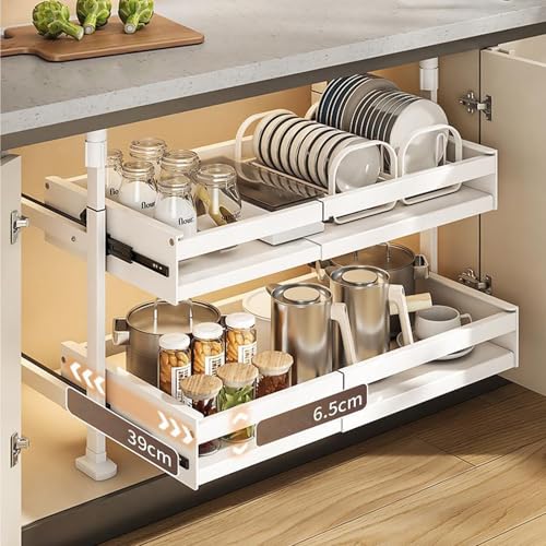 XAoSCd Pull Out Cabinet Organizer With Non-Slip Base, Expandable Sliding Cabinet Drawers Heavy Duty Slide Out Drawers Storage For Kitchen,White-L - Image 4