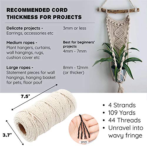 Winema 4Mm X 109Yards 100% Natural Cotton Macrame Cord, 100% Natural Cotton Macrame Rope, 4 Strand Twisted Cotton Cord For Wall Hanging, Plant Hangers, Diy Crafts Knitting, Decorative Projects (Cream) #TOP3