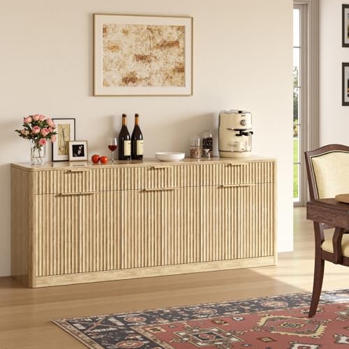 Image of Evermagin 67 inch Fluted Oak Sideboard Buffet Cabinet with 3 Drawers, Modern Credenza with Storage, Console Coffee Bar Cabinet for Kitchen, Living Room and Entryway (67 inch W x 31.5 inch H x 15.7 inch D)