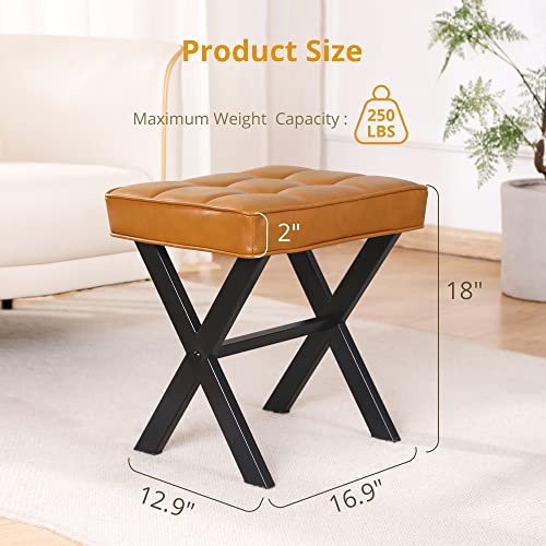 Lue Bona Vanity Stool, Square Faux Leather Makeup Stool With Metal X Legs, Small Ottoman Stool Chair For Vanity, Modern Padded Vanity Seat Foot Rest Stool For Makeup Room, Living Room, Brown #TOP1