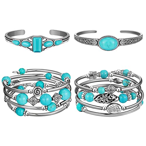 Glenmal 4 Pcs Turquoise Bracelet Natural Turquoise Lapis Beaded Cuff Bangle Handmade Layered Boho Wrap Turquoise Bracelet For Women Teen Girls Bohemian Jewelry Valentines Gifts, 4 Styles #TOP20