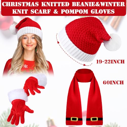 Suhine 3 Pcs Christmas Scarf Hat Gloves Set Winter Knitted Elf Hat Santa Scarf for Party Christmas Party Gifts4