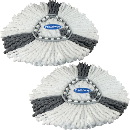 Image of Primeway Microfibre Triangular Mop Head | Replacement Refill for Spin Mop | Water Absorbent | All Surface Floor Cleaning | 115 Grams Each | 36 cm Diameter | White & Grey | Pack of 2 Refills