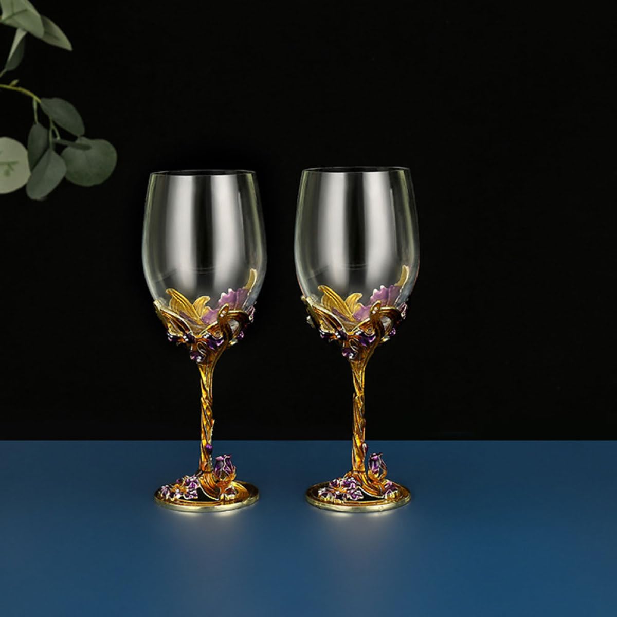 Lot de 2 Verres à Whisky Émaillés Dorés 320 Ml, Gobelets à Pied en Cristal pour Mariage et Fête, Fourniture de Mariage, Vaisselle Élégante pour Intérieur et Plein Air