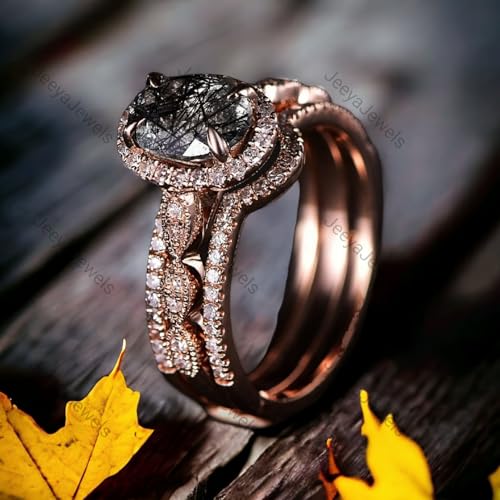 Vintage Black Rutilated Quartz Wedding Ring Set Solid Rose Gold Diamond Halo Engagement Gift Enhancer Valentine Proposal Ring Solitaire Bridal Statement Ring4