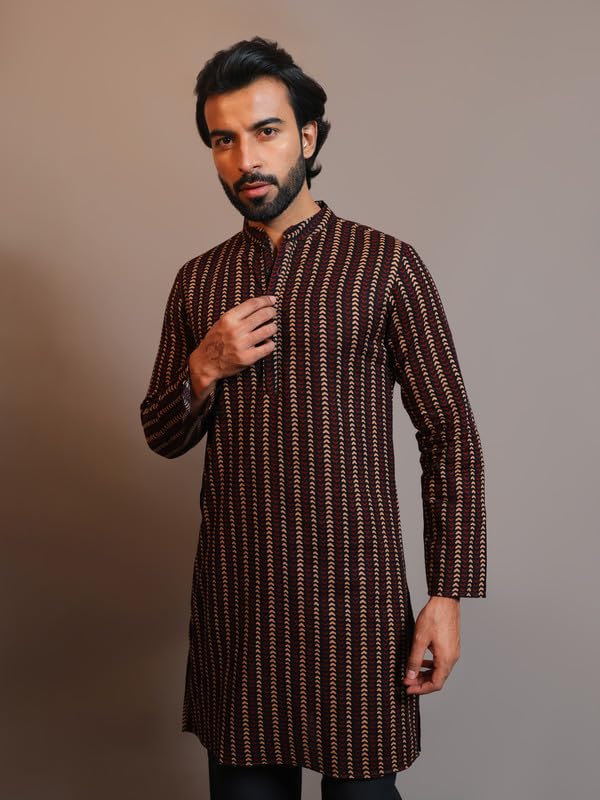 Image of Vastraa Fusion Men's Printed Kurta Pure Cotton Long Kurta, Round Collar, Full Sleeves, Button Kurta, Ethnic Wear