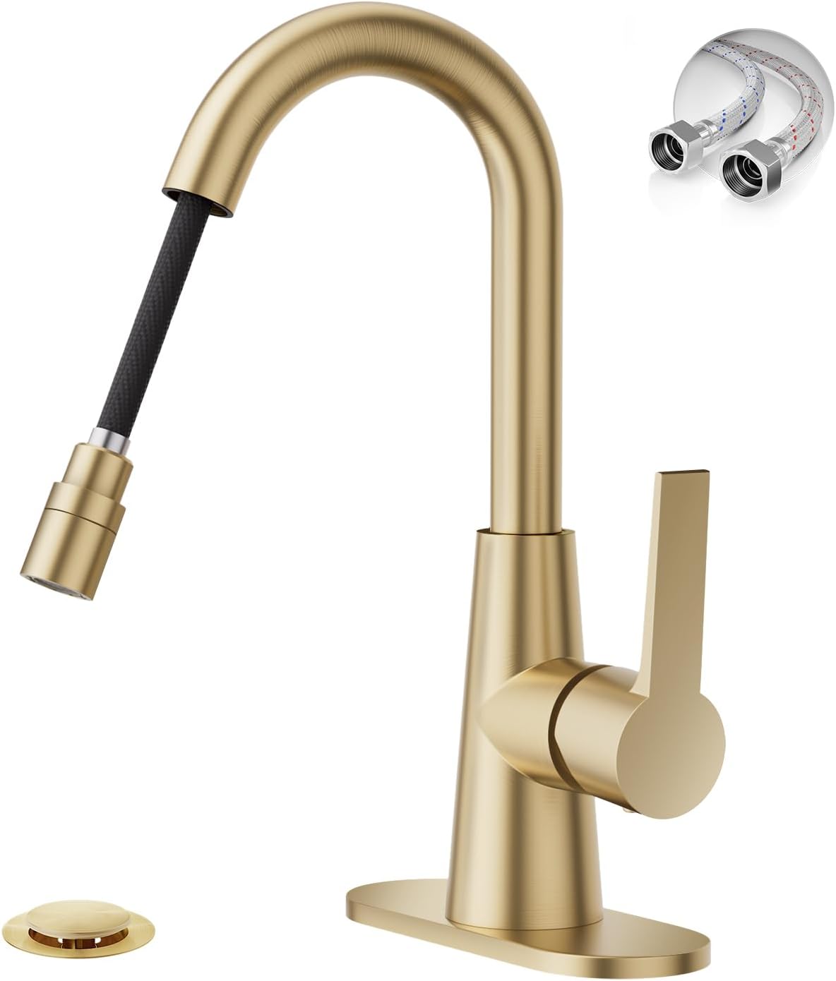 Phiestina Brushed Gold Tall Bathroom Sink Faucet with Pull Down Sprayer, High Arc Single Handle Pull Out Faucet with Pop-Up Drain, 1 or 3 Hole Laundry Bar Basin Faucet with Deck Plate,WE10CL-ZY-BG