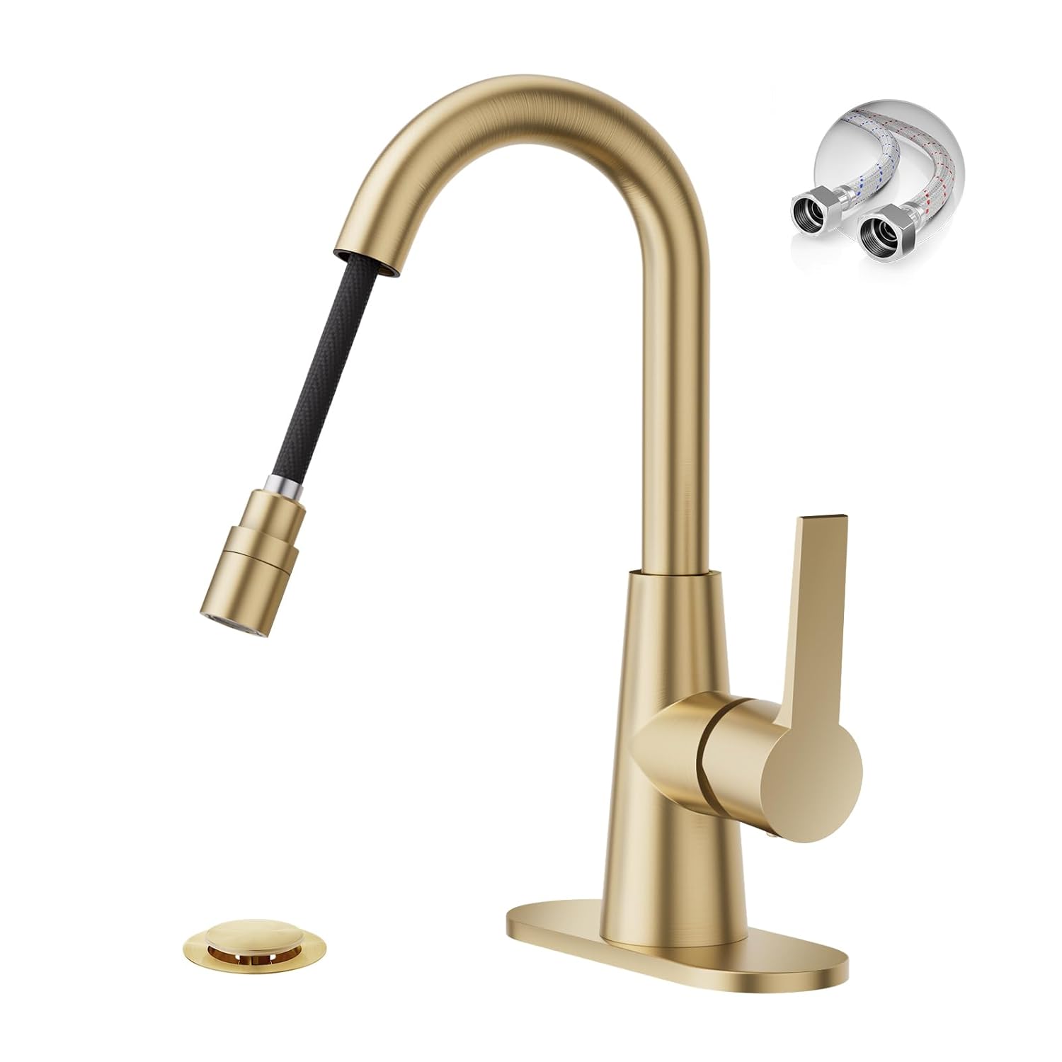 Phiestina Brushed Gold Tall Bathroom Sink Faucet with Pull Down Sprayer High Arc Single Handle Pull Out Faucet
