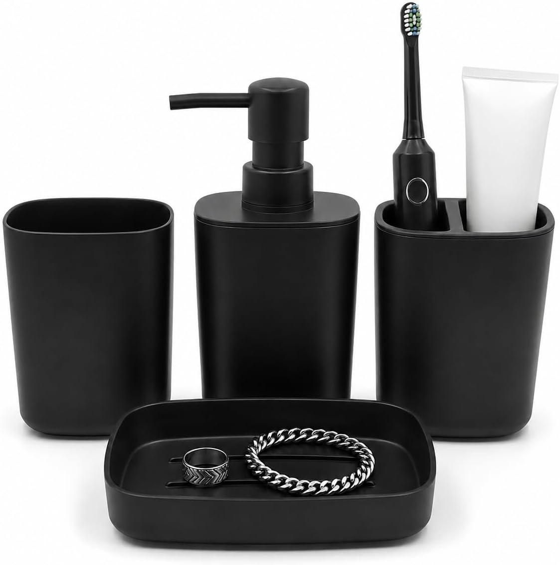 LGURT Matte Black Bathroom Accessories — 4-Pc Dispenser, Holder, Cup & Dish | 12 oz / 350 ml Pump Dispenser, Compact Vanity Size — See Dimensions, Dorm, Rental & Apartment Ready