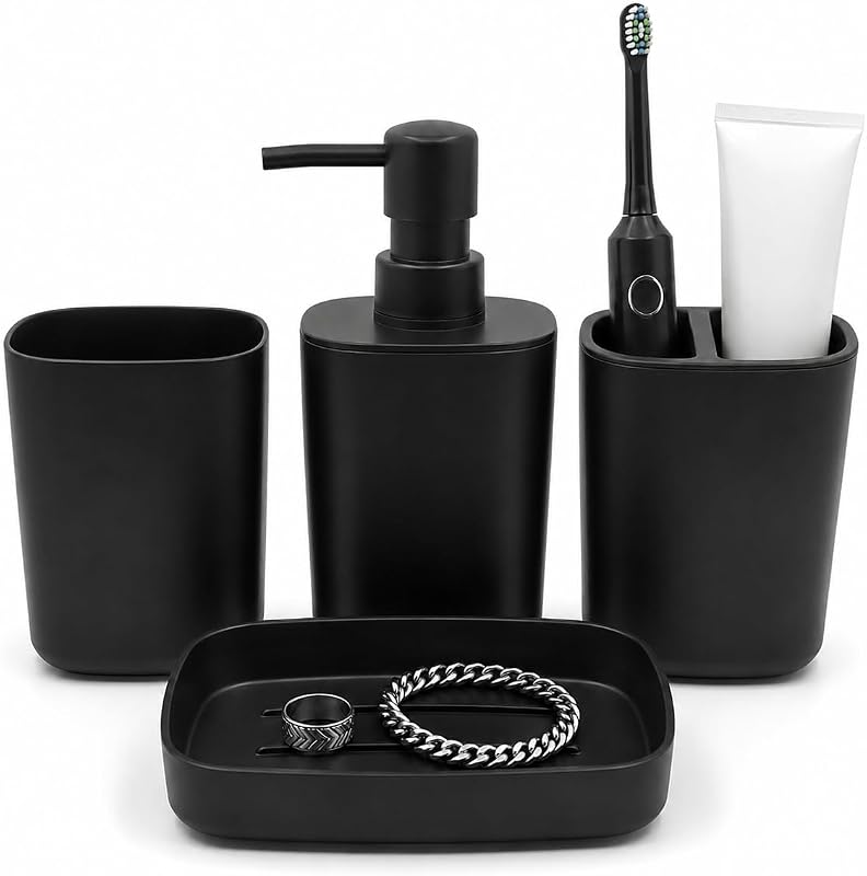 LGURT Matte Black Bathroom Accessories — 4-Pc Dispenser, Holder, Cup & Dish | 12 oz / 350 ml Pump Dispenser, Compact Vanity Size — See Dimensions, Dorm, Rental & Apartment Ready