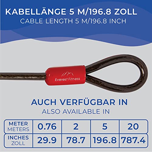 EVEREST FITNESS Schlaufenkabel 5m x 10mm - Kabelschloss schwarz - Universal Stahlseil - Drahtseil mit Ösen ummantelt - Sicherheitskabel für Fahrradschloss lang, Fahrradanhänger, Motorrad, Gartenmöbel