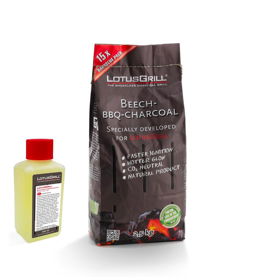 LotusGrill Kit Barbecue, Carbonella di Faggio 2,5 kg e Gel Combustibile 200 ml, per 15 Grigliate
