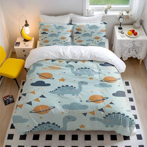 Juego de funda de edredón con diseño de dinosaurios prehistóricos para cama individual, doble y king, juego de ropa de cama infantil con edredón triceratops (4, doble + 50 x 75 cm x 2)