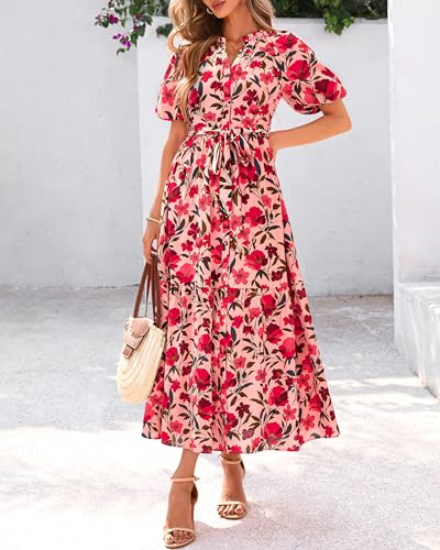 BTFBM Summer Dresses for Women 2026 Boho Short Sleeve V Neck Button Belt Flowy Spring Clothes Beach Vacation Maxi Dress(Floral Red Orange Pink, X-Large) — view 5