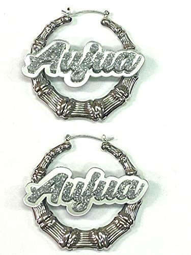 Silver Bamboo Hoop Earrings Personalized Custom Stylish 2.5 Inch Size Name Plate Laser Cut Diamond Look Script Cursive Letters Design Stunning Look - Quality, Attractive Gold Bamboo Earrings, Made To Order - Any Name4