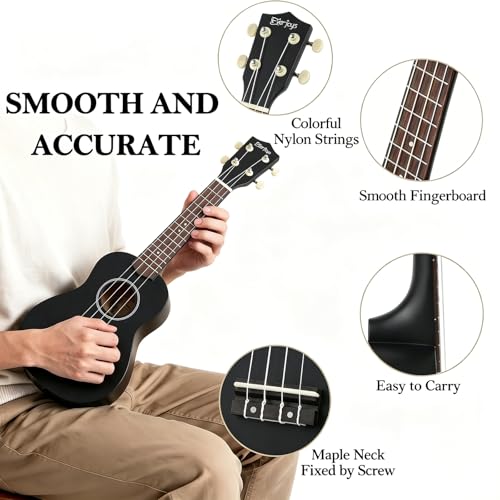 Image of Everjoys Soprano Ukulele Beginner Kit 21 Inch w /Free Online Lesson Gig Bag Tuner Picks Strap, Fast to Learn (Black)
