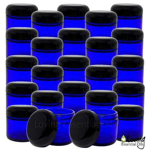 Loving Essential Oils 2oz Blue Glass Jars With Lids, Easy To Fill & Reuse Containers, Make Homemade Salve, Creams, Lip Scrubs & Oil Blends. DIY RECIPE Guide Included! (24 jars)