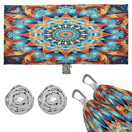 SDMKA Blue Orange Mandala Camping Hammock, 330 lbs with 2 Tree Straps, Carry Bag, Single Portable Hammock for Outdoor/Indoor, Hiking, Beach, Backpacking, Travel