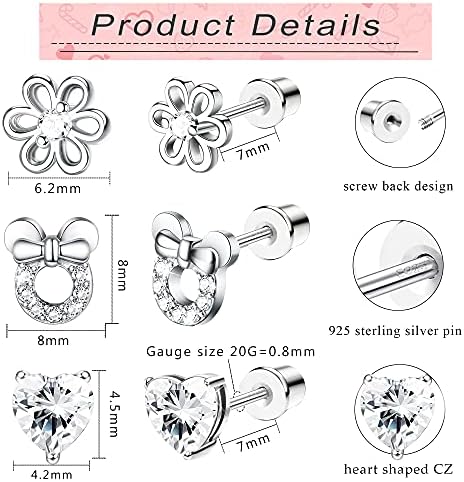 LOLIAS 3 Pairs Sterling Silver Screw Back Earrings for Women Pink Halo Cubic Zirconia Earring Barbell Flower Stud Earrings Heart CZ Stud Hypoallergenic Earrings Set