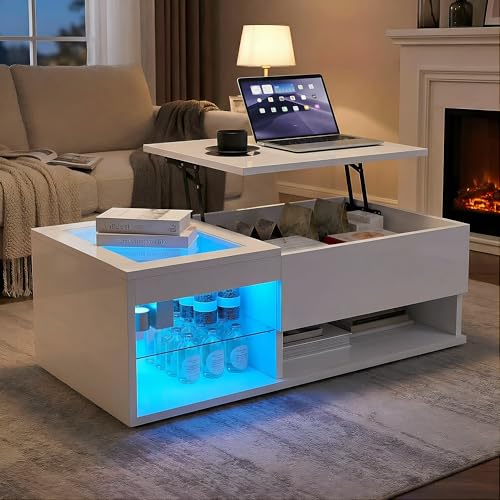 Henunem Table Basse avec Plateau Relevable,Tables de Salon avec Rangement Caché et Éclairage LED, Plateau Réglable en Hauteur, Blanc, 100×50×33 cm