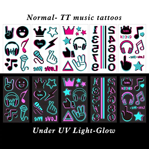 Konsait 10 Sheets Glow in the Dark Tattoos for Kids Adults - Safe and Easy to Use Neon Temporary Music Notes UV Blacklight Tattoos - Glow in the Dark Party Makeup Supplies and Favors