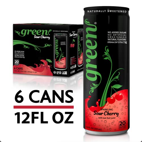 Green Sour Cherry 6Ct W/10% Real Juice & Green Lemonade 6Ct W/ 6% Real Juice - No Added Sugar, Naturally Sweetened With 100% Stevia Leaf Extract, Carbonated Soda, 12 Fl Oz Each Can - 12Ct Bundle #TOP3
