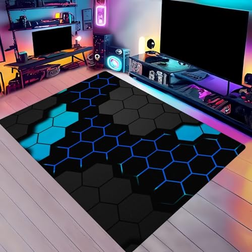 LOMDEM Geometría Neón luz Gaming Alfombras Habitación Niños Adolescentes Juventud, Decoración del Hogar Alfombra de Juego Adecuado para Sala de Juegos, Dormitorio, Ailla de Juego, 80x160 cm, Azul
