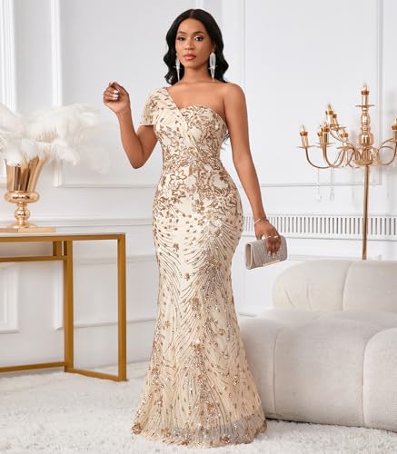Image of Cololura Women Sexy Sequin One Shoulder Mermaid Formal Party Cocktail Gowns Bodycon Evening Maxi Dress