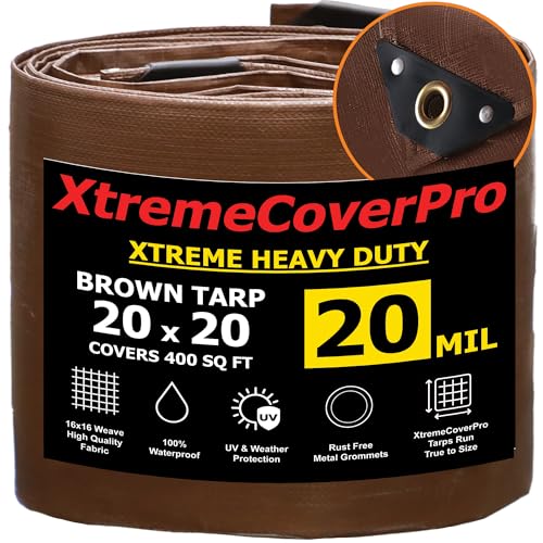 20' x 20' Brown Super Ultra Heavy Duty Tarp – 20 Mil Waterproof & UV-Resistant 20x20 - Large Outdoor, Waterproof Cover for Rain Camping, Tent Tarp, UV Protection, Reinforced Corners
