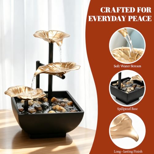 Image of Tabletop Water Fountain Indoor,3-Tier Lotus Indoor Water Fountain,8'' H Zen Desktop Waterfall with Pump Plug for Office Desk Decor Home Living Room Bedroom,Gift for Housewarming