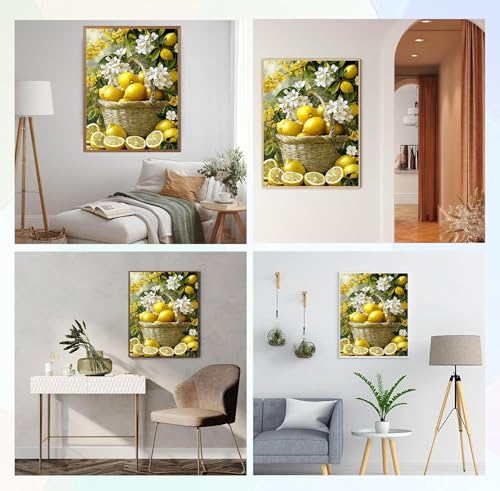 Image of QENSPE Lemons Diamond Painting Art Kits for Adults, DIY White Flowers Full Drill Diamond Art for Beginners, 5D Round Diamond Dots Paintings Gem Art Crafts Home Wall Decor Gifts 30x40cm