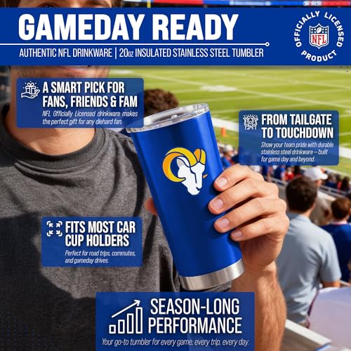 Image of Los Angeles Rams NFL 20oz Stainless Steel Insulated Tumbler, Slider Lid | Officially licensed Rams drinkware; double-wall vacuum construction; cupholder compatible; BPA-free; hand wash only
