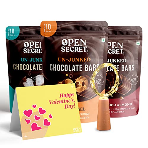 Open Secret Unjunked Valentine Chocolate Gift Hamper | Dark Chocolate, Coconut Chocolate & Caramel Chocolate Combo | No Refined Sugar| Jaggery | Healthy Snacks for Boyfriend & Girlfriend |Card |3 Pack