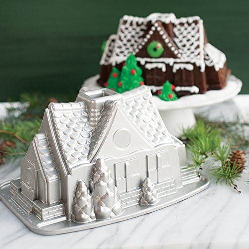 Nordic Ware Gingerbread House Bundt Pan, Seasonal Christmas Aluminium Bundt Tin, Bundt Cake Tin with Pattern, Cake Mould , Colour: Silver