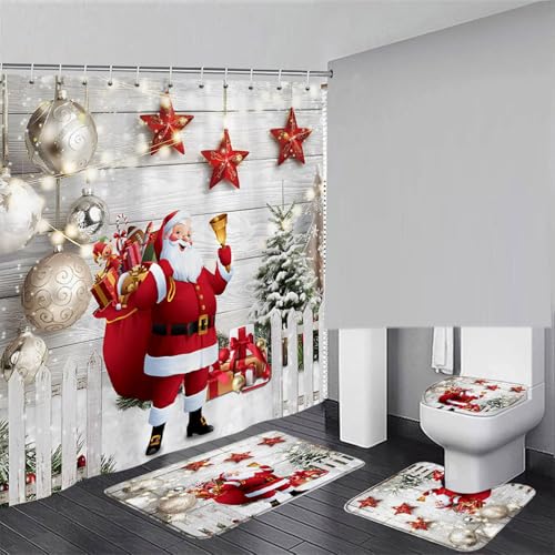 LinQton Juego de 4 cortinas de ducha de Navidad, decoración de baño de Navidad con alfombra antideslizante, cubierta de tapa de inodoro y alfombrilla de baño, cortina de ducha impermeable con 12