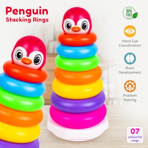 Image of RATNA'S Penguin Stacking Rings Big Plastic Stack Up Educational Toy Colorful 7 Rings Tower for Kids 1+ Years