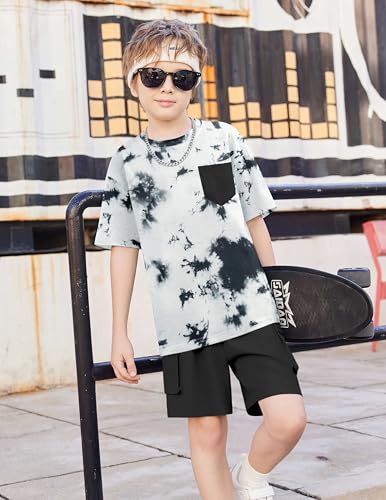 Image of Arshiner Boys' 2-Piece Cotton Outfit Short Sleeve Crewneck T-Shirt & Cargo Shorts Set Summer Casual Clothes for Kids 5-13