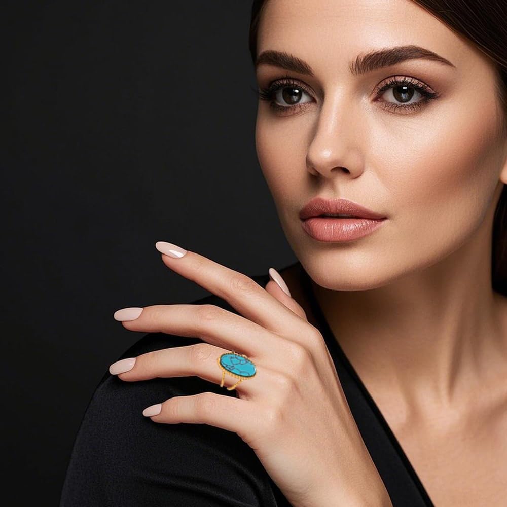 LadayPoa Turquoise Ring for Women, 18k Gold Plated Adjustable Western Rings, Vintage Blue Stone Statement Ring Boho Accessory - Image 7