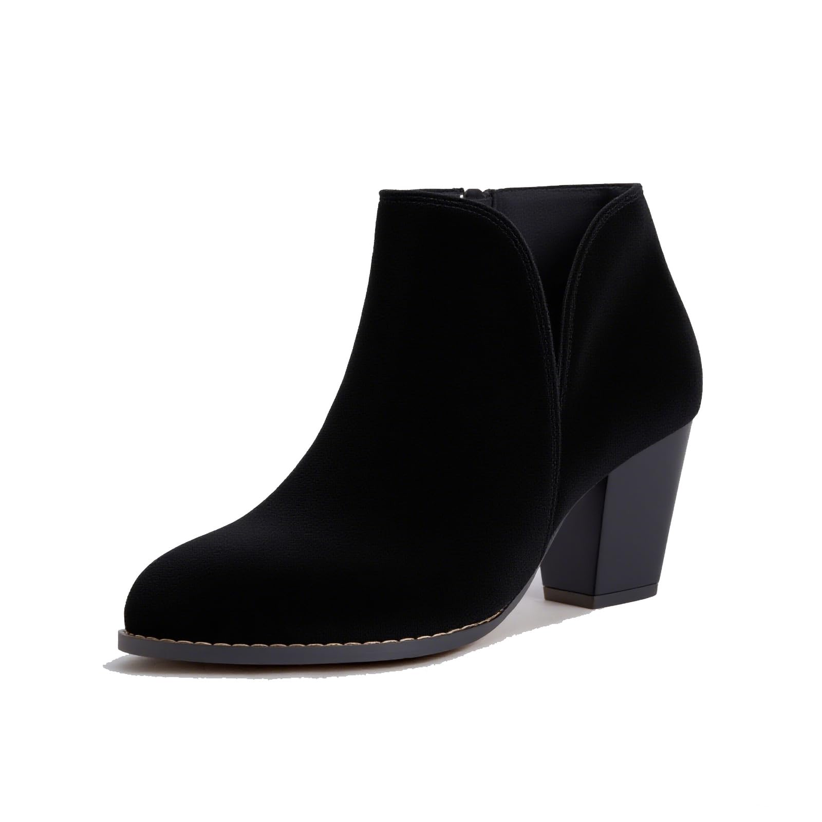 Womens V Cut Chunky Heel Ankle Boots with Side Zipper Fashion Pointed Toe Comfortable Faux Suede Stacked Heel