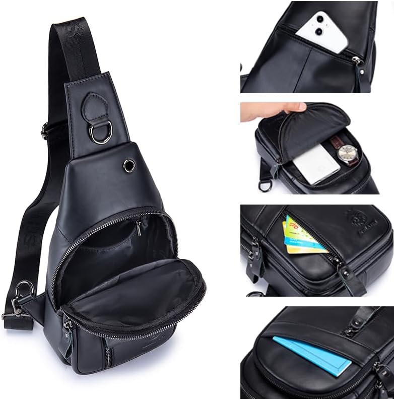 Genuine Leather Crossbody Bag for Men Casual Sling Chest Bag Men Sling Bags Man Bag Crossbody, Black - Image 4