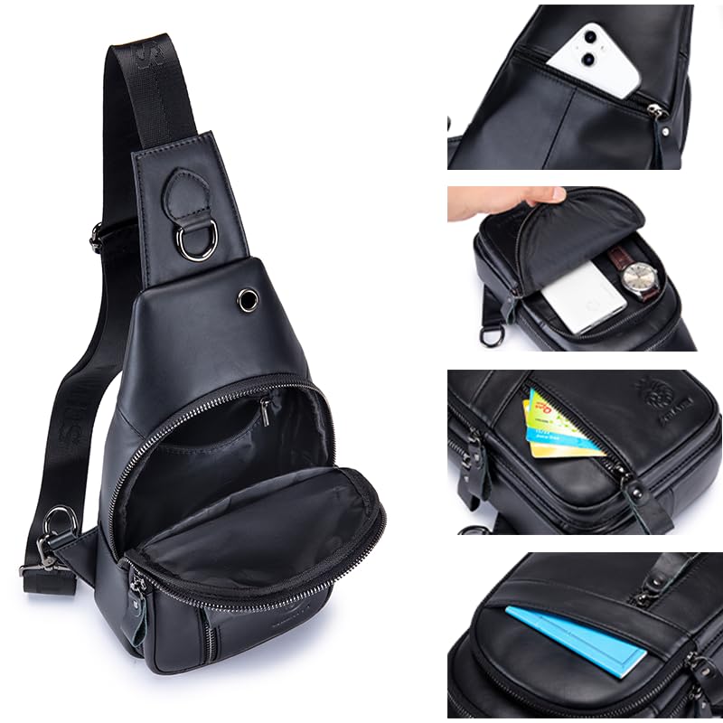Image of Genuine Leather Crossbody Bag for Men Casual Sling Chest Bag Men Sling Bags Man Bag Crossbody, Black