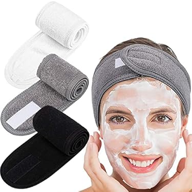 AMAZON - Spa Headbands 3 Pack – Ultra Soft and Adjustable Terry Cloth Stretch Hair Bands for Face Washing, Shower, Facial Mask, Yoga – Black, White, Gray