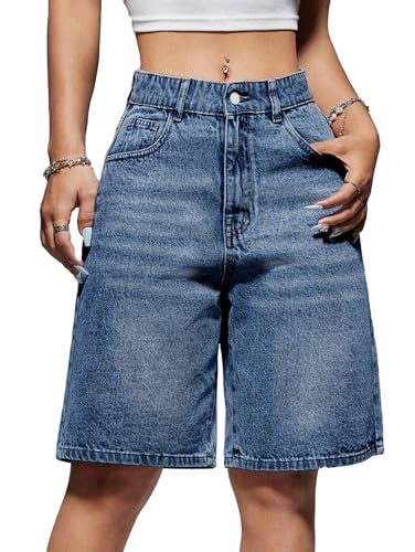 EMMIOL Baggy Jeans Shorts Damen Mid-Low Waist Denim Stretch Kurze Hosen Sommer Blue M