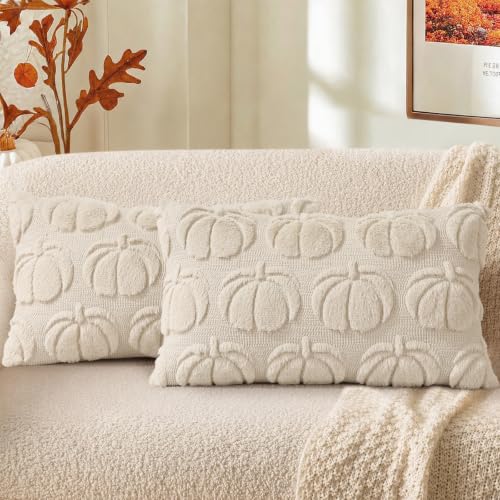 Image of decorUhome Fall Decorative Beige Pumpkin Throw Pillow Covers 12x20 Set of 2, Soft Faux Fur Plush Farmhouse Accent Pillow Cases for Couch Bed Sofa Autumn Harvest Halloween Holiday Home Decor