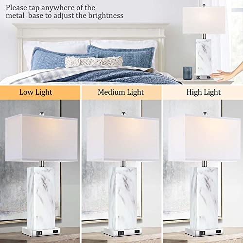 Touch Control Table Lamps Set Of 2, Modern Ceramic Bedside Lamp With 2 Usb Ports 1 Ac Outlet, 3-Way Dimmable White Nightstand Lamp With Fabric Shade For Living Room, Bedroom (Led Bulbs Included) #TOP1