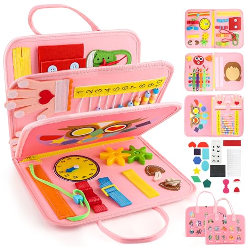 Image of Toddler Busy Board, Montessori Sensory Toys for Boys, 3-8 Year Old Girl Toddler Travel Toys, Educational Learning Activities Board for Motor Skills, Birthday Gifts for Airplane Car, Pink