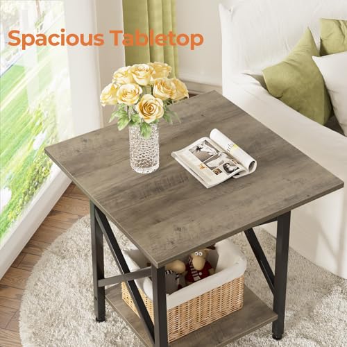 Image of GreenForest Square End Table 24 Inch with X-Frame 2-Tier Storage | Nightstand for Living Room & Bedroom, Rustic Decor, Sturdy, Waterproof Scratchproof Top, Easy Assembly, Gray Wash