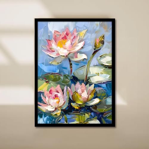 Image of PAINTINGMANTRA Lotus Flower Framed Wall Art Painting for wall decoration, Lotus Flower Pond Floral Poster with Frame for living room, bedroom, Home and Office, 13x18 Inch