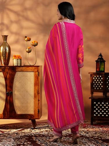 Image of Libas Womens Printed Silk Blend Straight Kurta With Trousers and Dupatta | daily wear suit